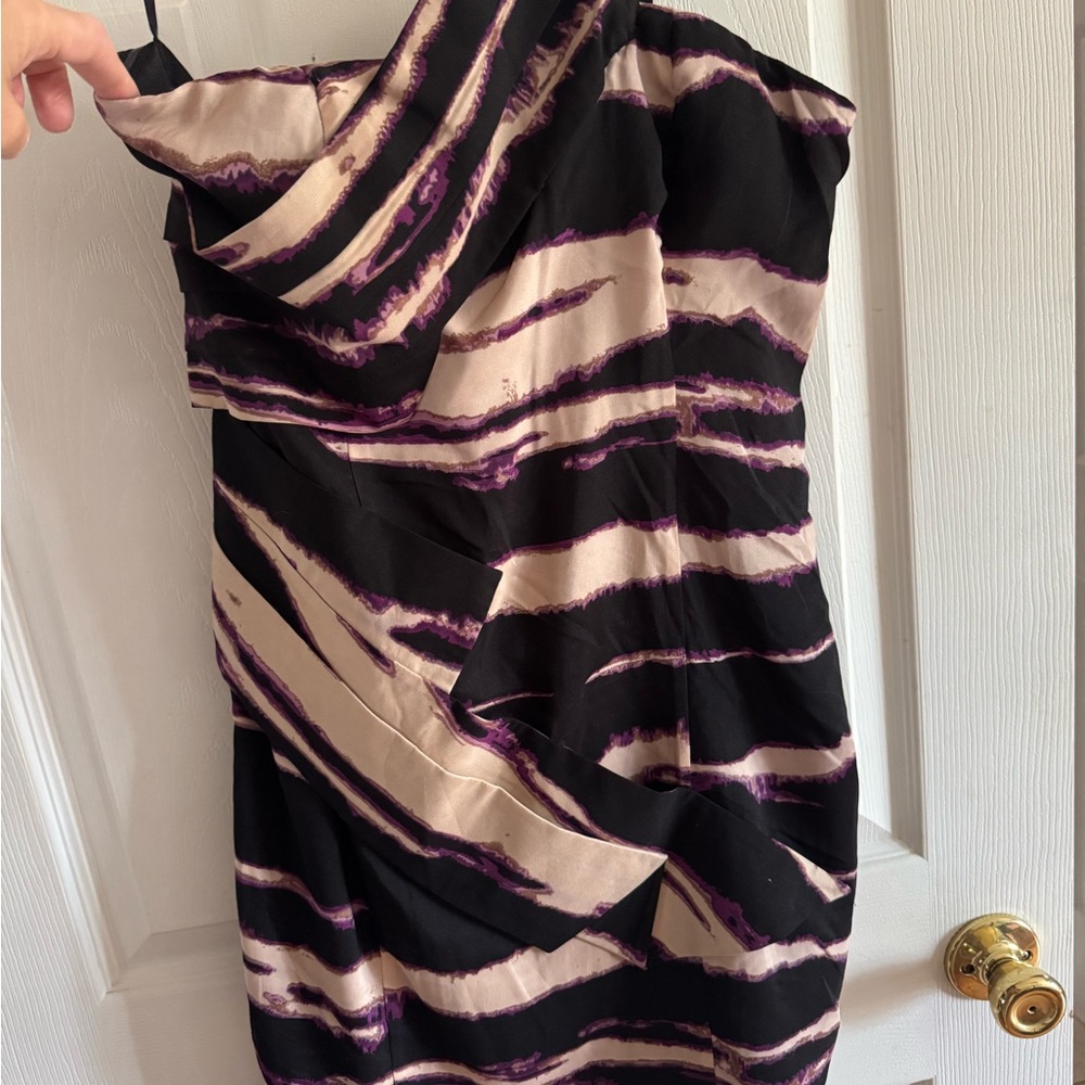 Arden B Black, Cream & Purple One-Shoulder Cocktail Dress